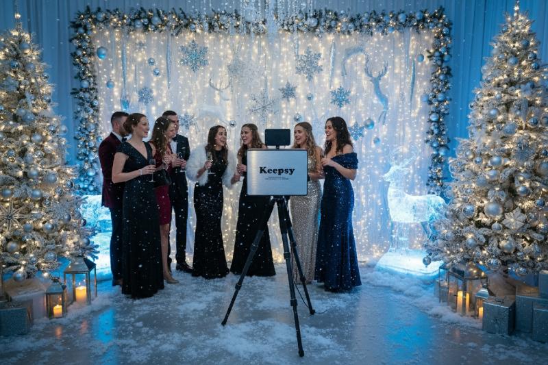 Kollegor på julfest tar bilder med fotobås i vintrigt dekorerad lokal.
