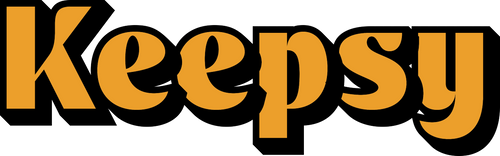 Keepsy's logotype with orange letters and black outline in a retro font.